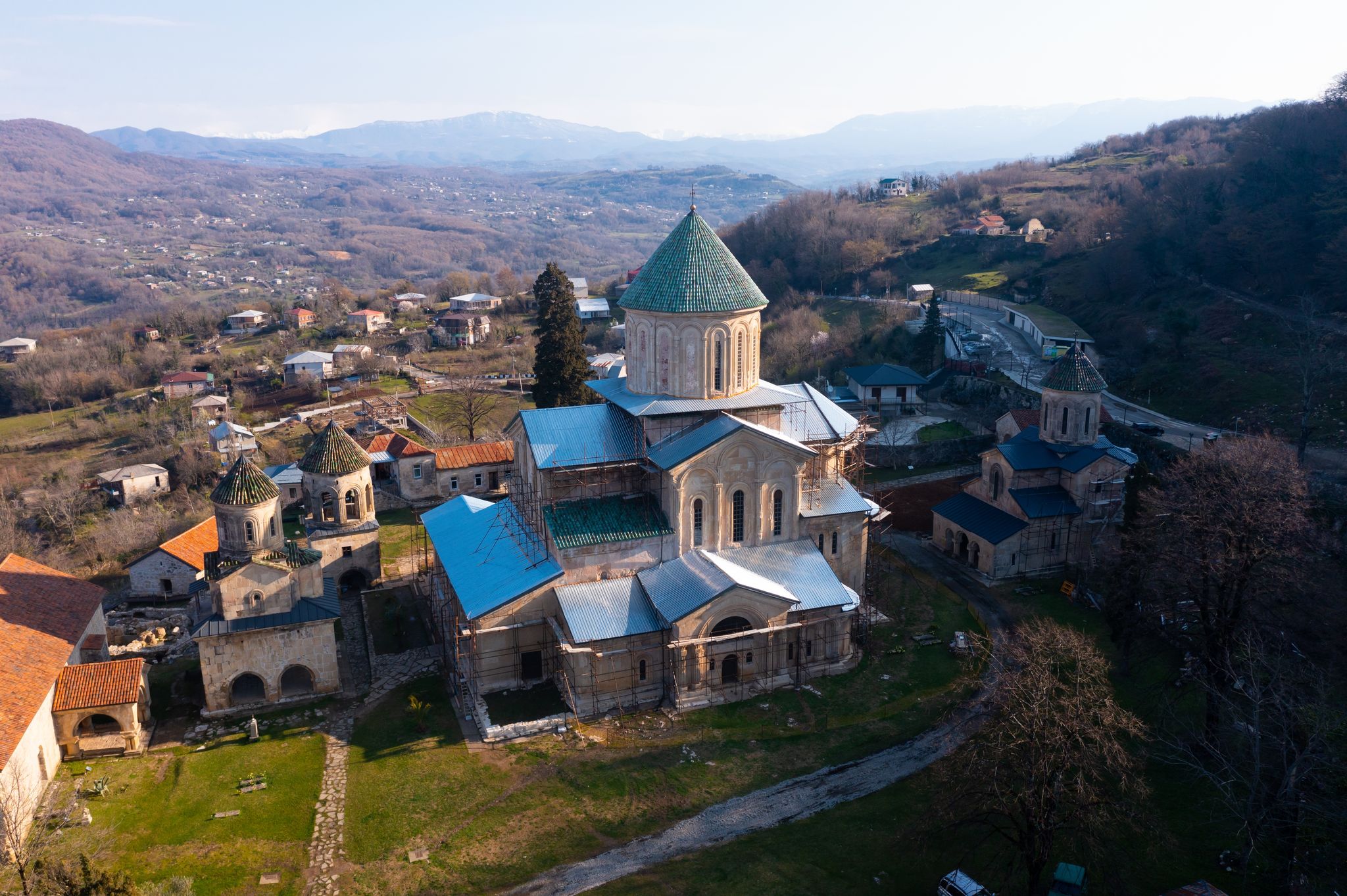 Photo of aerial view of Gelati monastery near Kutaisi in the Imereti region of western Georgia.