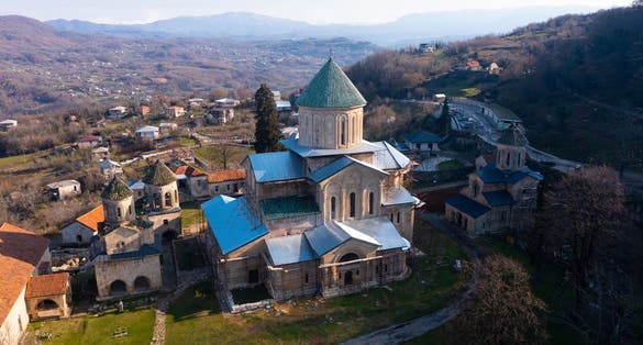 Photo of aerial view of Gelati monastery near Kutaisi in the Imereti region of western Georgia.
