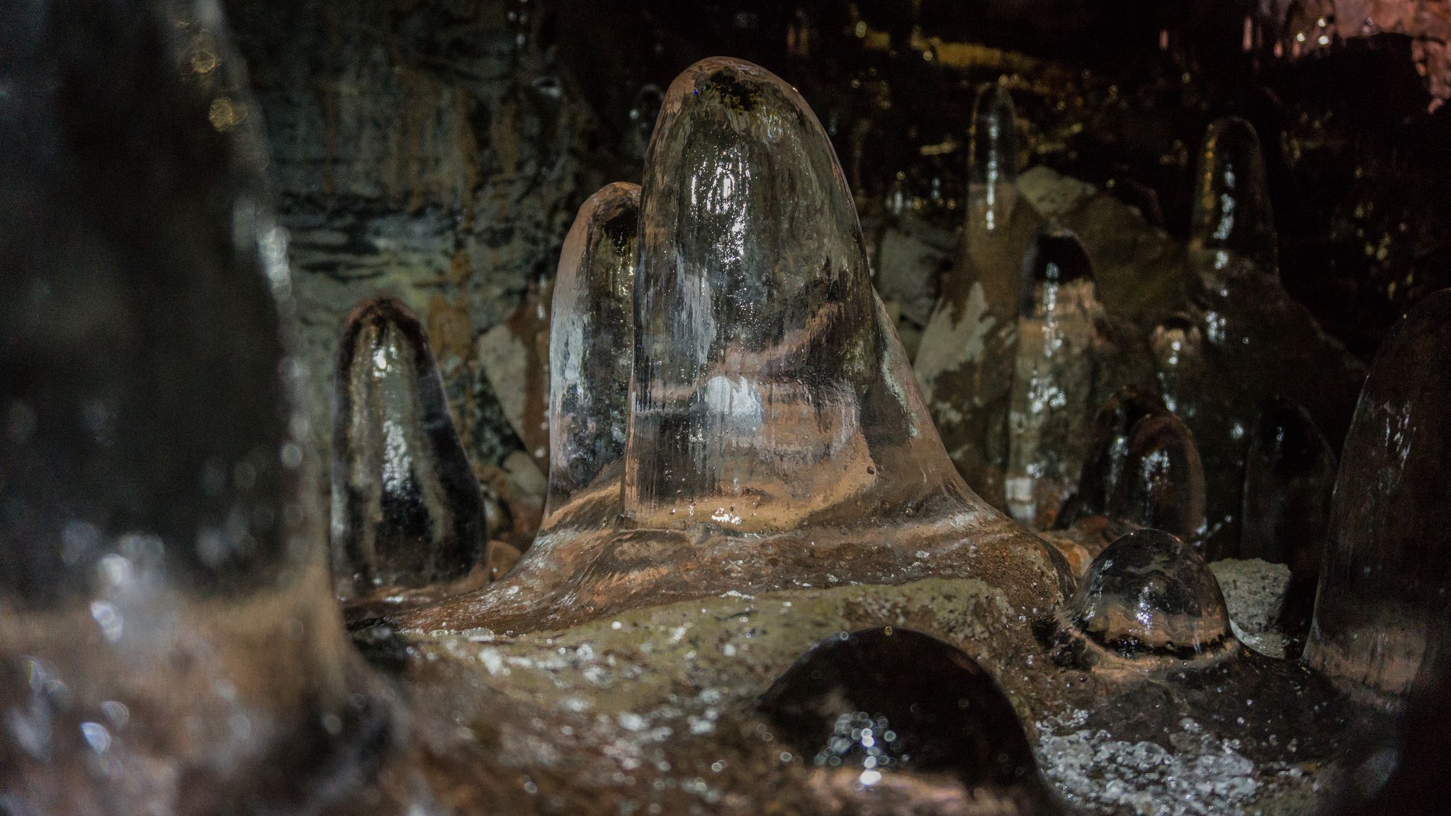 photo of ice stalagmites in the Raufarhólshellir lava cave, Iceland.