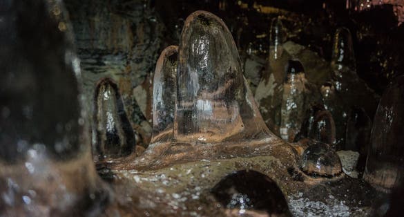 photo of ice stalagmites in the Raufarhólshellir lava cave, Iceland.