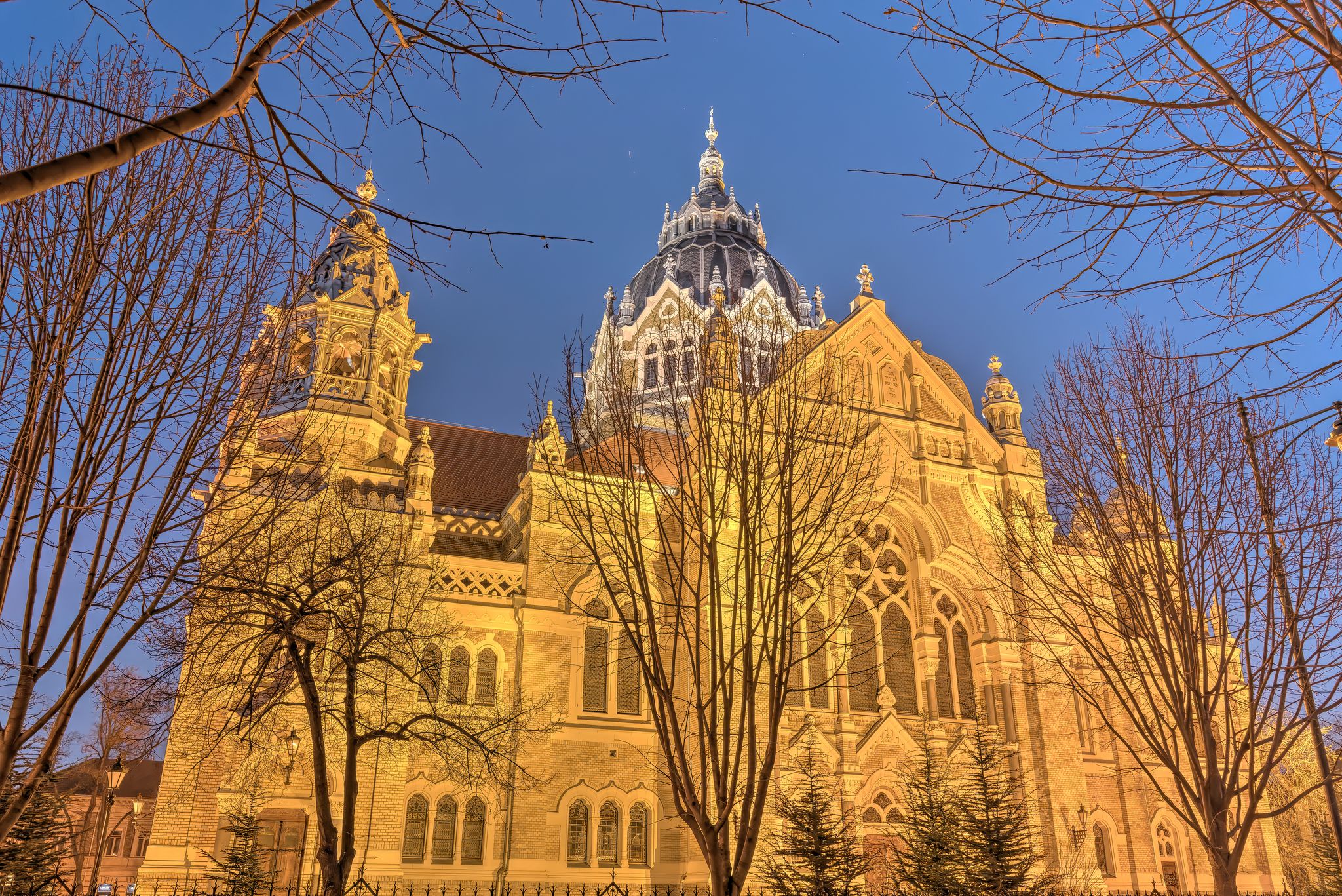 photo of view of Szeged Synagogue by night, HDR Image, Szeged, Hungary.