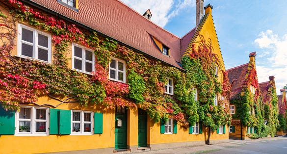 photo  of  view of The Fuggerei is the world's oldest social housing complex still in use. It is a walled enclave within the city of Augsburg, Bavaria, Germany.