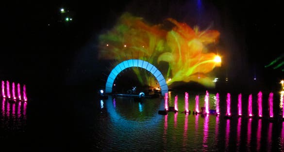 Dancing musical fountain in sea festival at night Klaipeda city Lithuania country