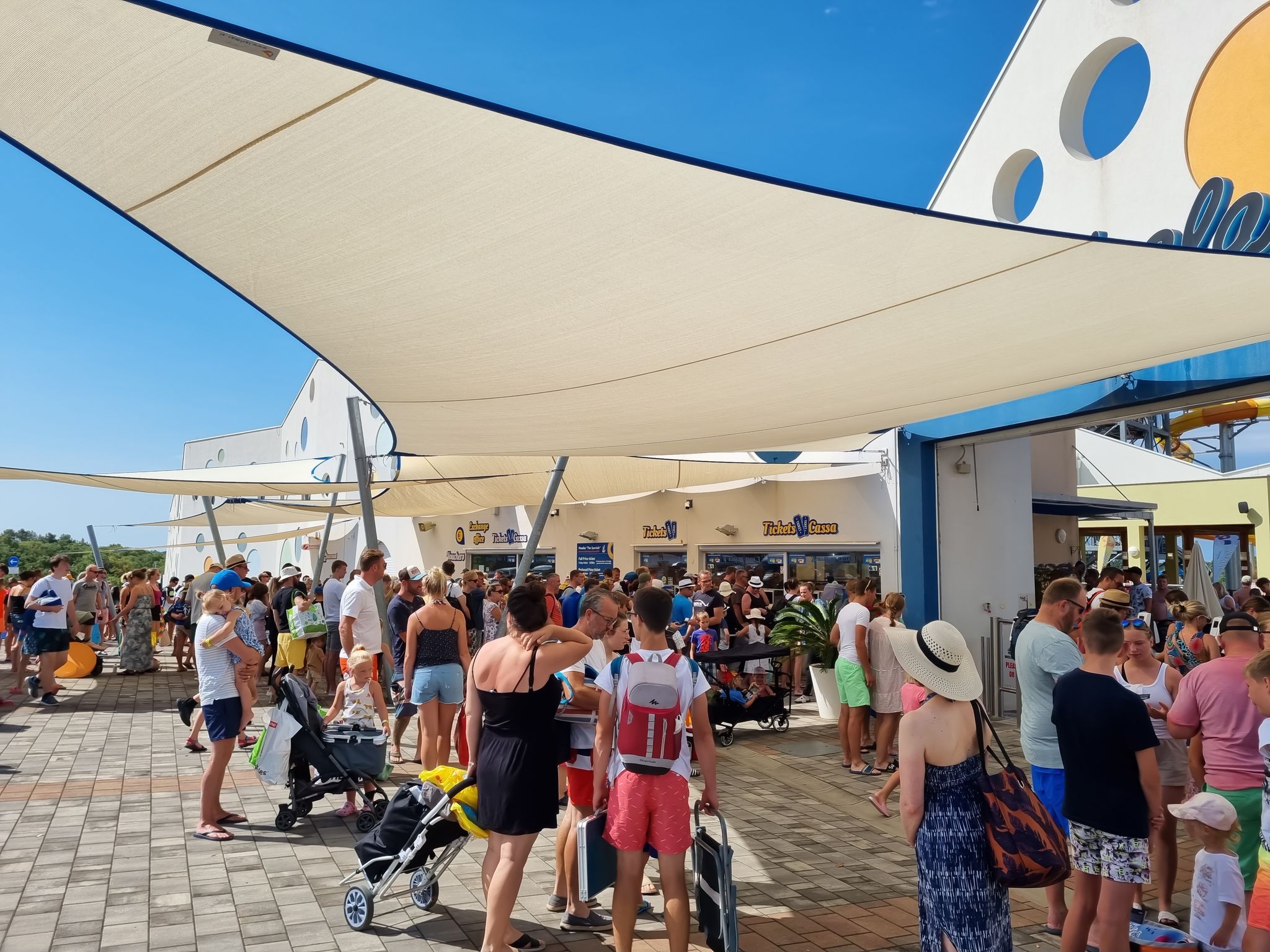 Photo of people waiting in line at Aquapark Istralandia in the city of Nova Vas in Croatia. 