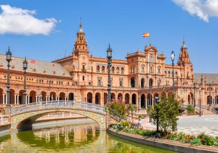 Photo of architecture and canals of Spain square, Seville, Spain.