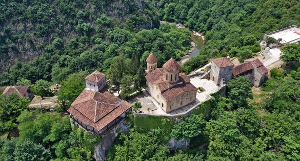 Photo of aerial view of Motsameta monastery near Kutaisi, Georgia.