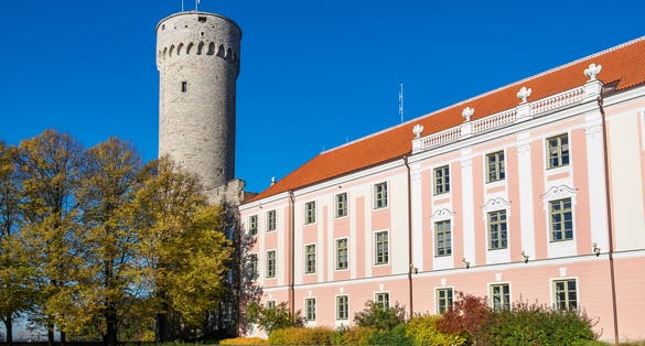 Photo of Tall Hermann tower and Parliament building, Tallinn, Estonia.
