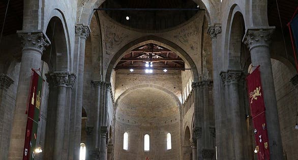 photo of view of interior chiesa di Santa Maria della Pieve, Arezzo, Italy.
