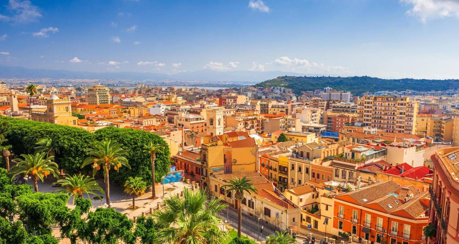 A colorful view of Cagliari, Italy, showing terracotta rooftops, green palm trees, and a bright blue sky..jpg
