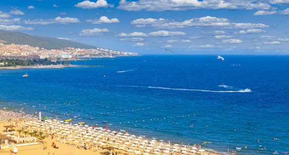 Photo of panoramic aerial view of beautiful Sunny Beach in Nesebar, Bulgaria.