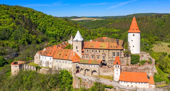 Photo of aerial view of castle Krivoklat in Czech republic.
