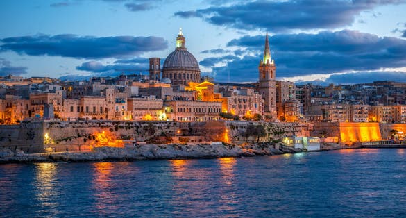 beautiful european landscape with Basilica Our Lady Mount Carmel to Valletta from Sliema, Malta