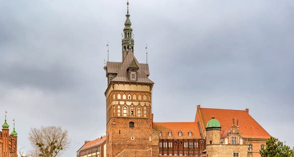 View at the Prison tower and the torture house now housing amber museum located in the old town of Gdansk, Poland.