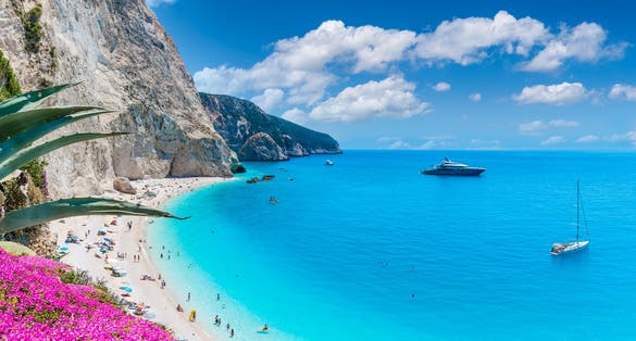 Photo of beautiful landscape with Porto Katsiki beach on the Ionian sea, Lefkada island, Greece.