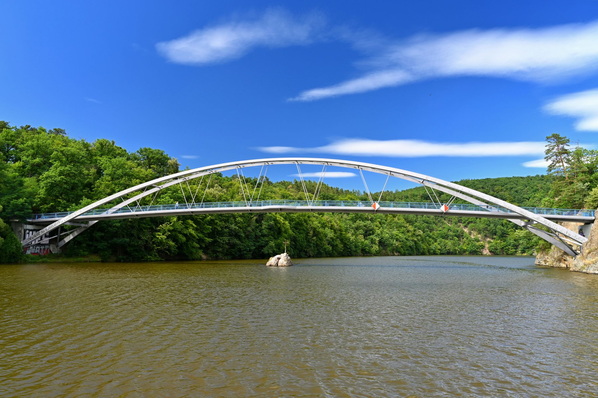 Photo of beautiful bridge over the water, Brno Dam, beautiful summer landscape in the Czech Republic.