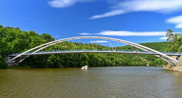 Photo of beautiful bridge over the water, Brno Dam, beautiful summer landscape in the Czech Republic.