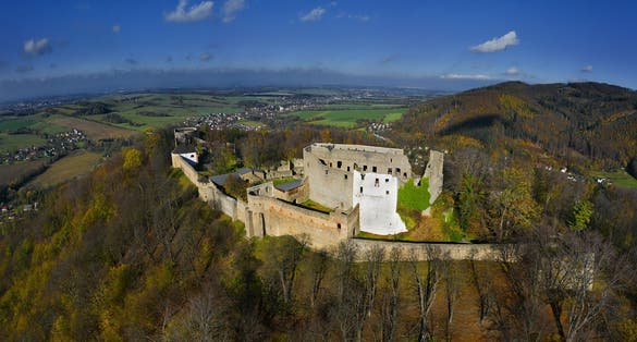 Photo of aerial view of Castle Hukvaldy one of the largest castle ruins in the Czech Republic.