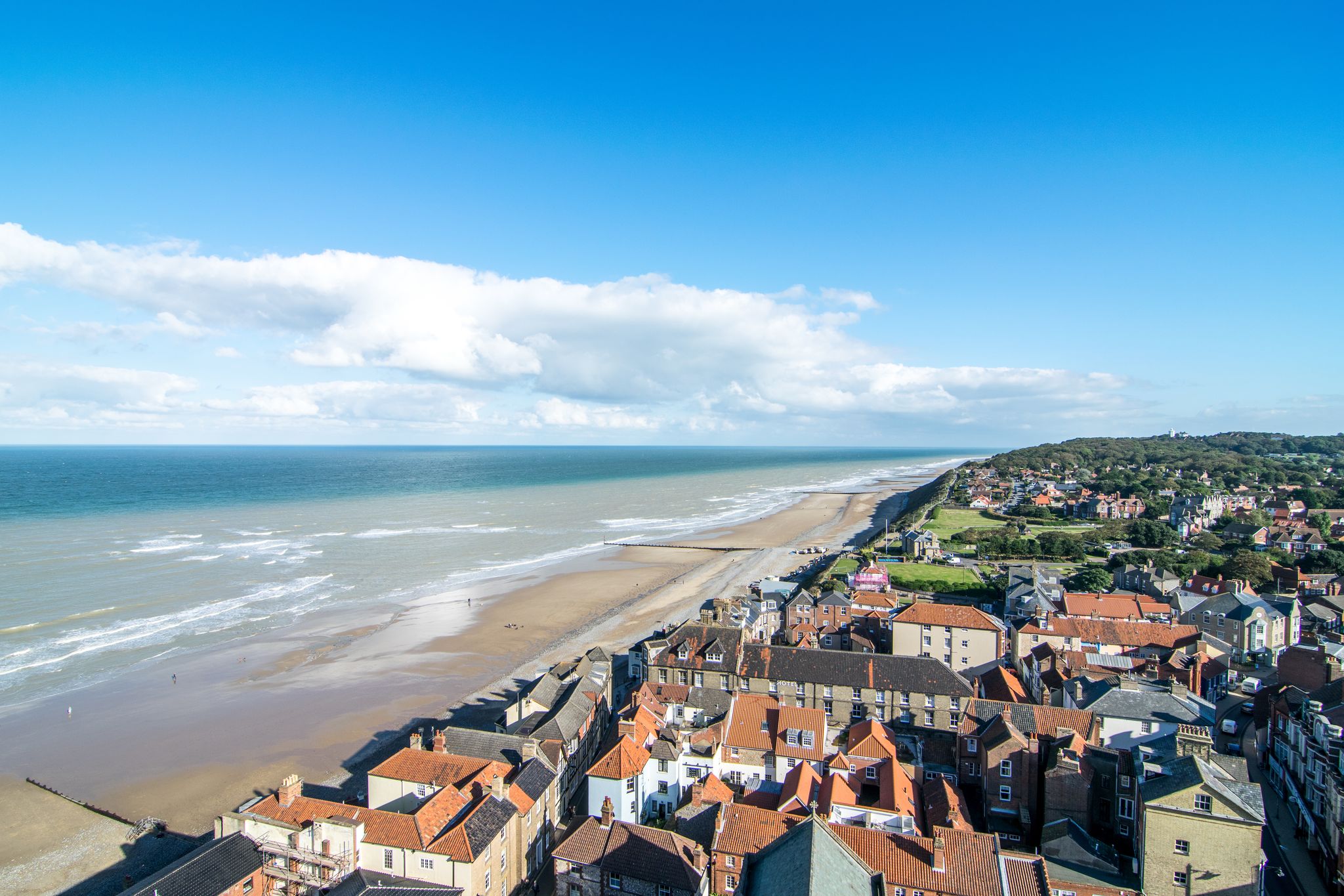 Photo of aerial view of Cromer town with beach view from the rooftop of the Cromer Palish Church, UK.