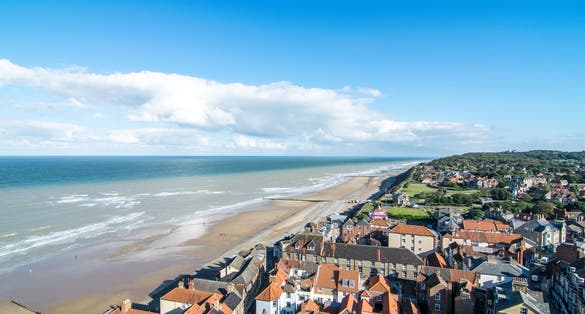Photo of aerial view of Cromer town with beach view from the rooftop of the Cromer Palish Church, UK.