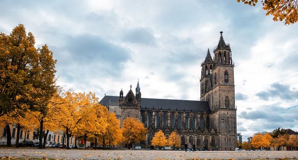 Scenic view of old ancient Magdeburger Dom cathedral at Dom square in Magdeburg old city center in bright orange autumn trees foliage in cloudy rainy day. Germany tourism and travel destiantion