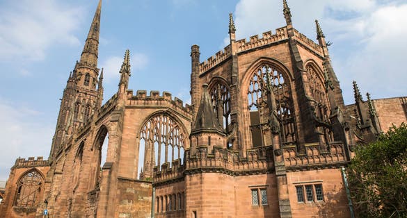 Photo of Coventry Cathedral buildings that were destroyed by the Luftwaffe during the Second World War.