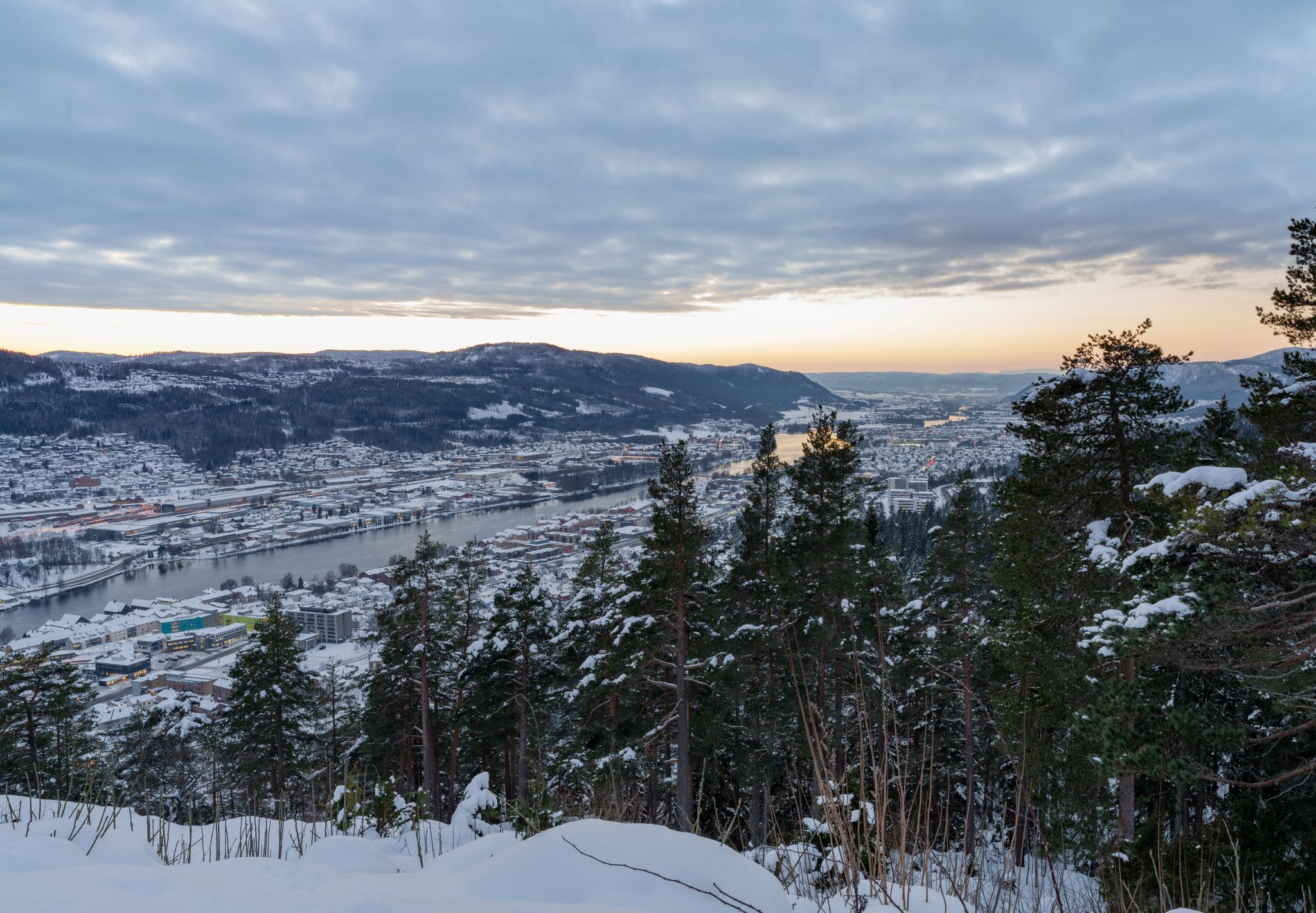 Photo of beautiful sunset over Drammen, a town in Norway.