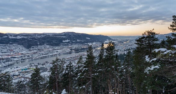 Photo of beautiful sunset over Drammen, a town in Norway.