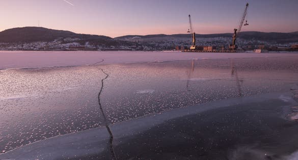 photo of frozen Drammen fjord in January in Norway.