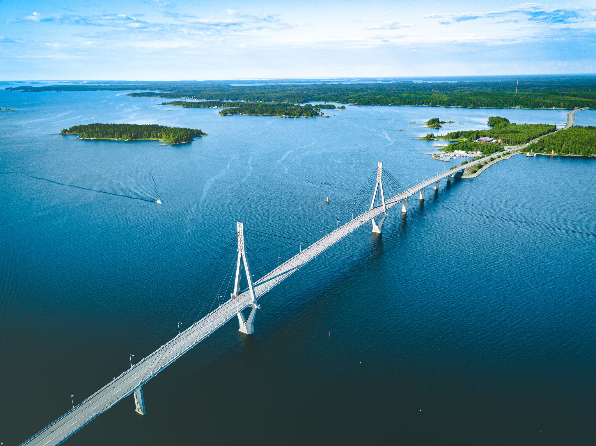 Photo of aerial view of cable-stayed Replot Bridge, suspension bridge in Replotvägen, Korsholm, Finland.