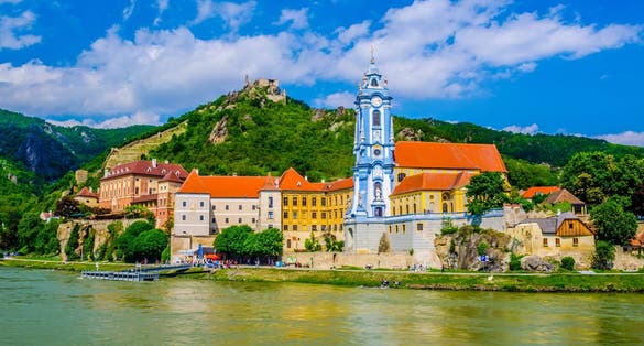Photo of the medieval town of Durnstein along the Danube River in the picturesque Wachau Valley.