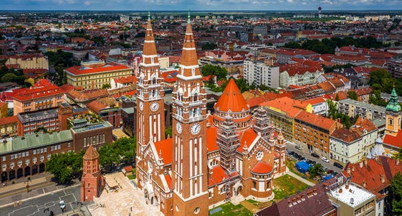 Aerial view of the Votive Church and Cathedral of Our Lady of Hungary .