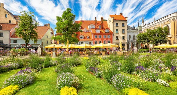 Photo of Livu square in the latvian capital Riga in  a sunny summer day.