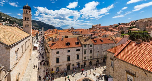Photo of aerial view of old city center of famous town Dubrovnik, Croatia.