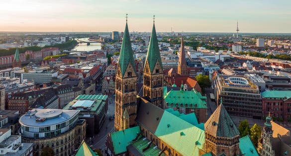 photo of view of Bremen, Germany. Aerial View on Historical Center of Bremen, Marktplatz at Sunrise.
