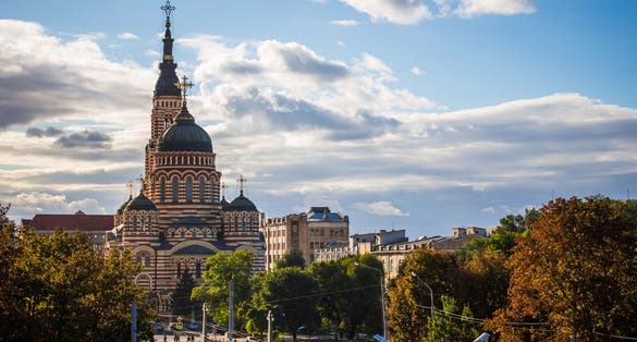 Photo of holy Annunciation Cathedral in the center of Kharkiv, Ukraine.