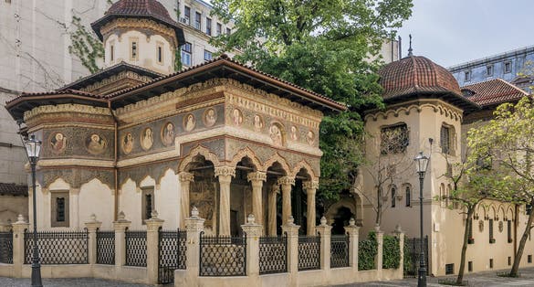 Photo of The beautiful Orthodox Stavropoleos Monastery in Strada Stavropoleos Lipscani district of Bucharest, Romania .