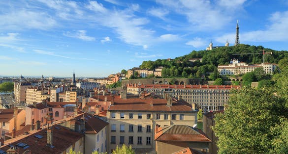 Photo of summer view over Vieux Lyon, with famous cathedral Fourviere, and Croix Rousse in Lyon, France.