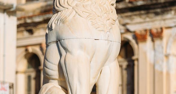 photo of view of Lion statue, Pythagoras square in Vathy on Samos island, Greece,Pythagorio Greece.