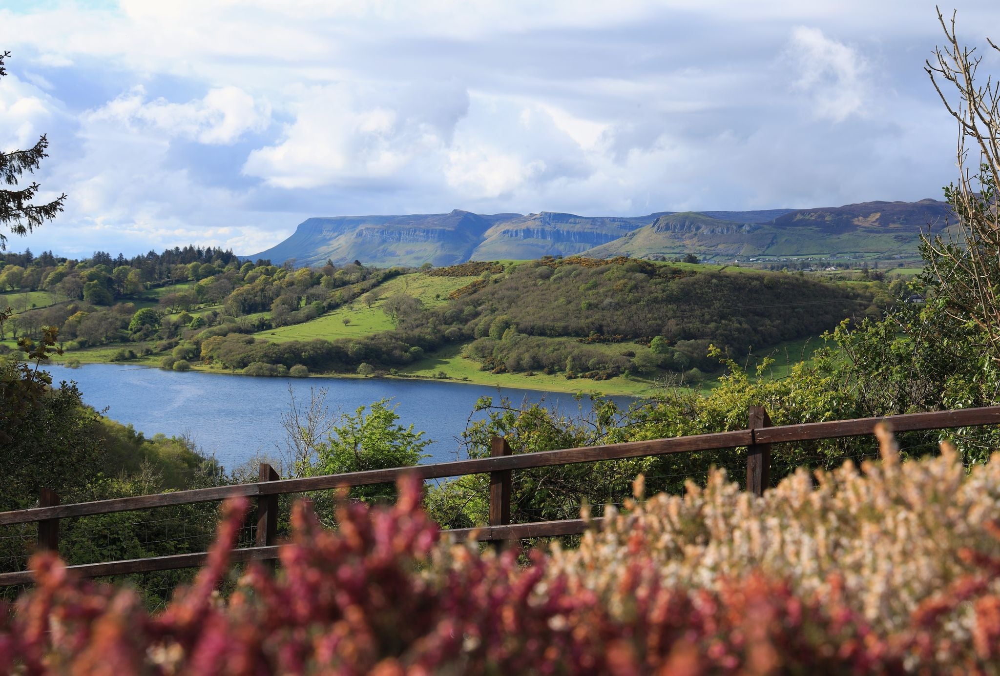 photo of view of Landscape in rural County Sligo, Ireland on spring day featuring Benbulben Mountain and nearby hills viewed from across Lough Colgagh
