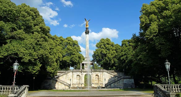 photo of view of Angel of Peace monument in Munich, Germany. The foundation stone was laid in 1896 to commemorate the 25 peaceful years after the Franco-German war of 1870-1871. The monument was unveiled in 1899.,Munich germany.