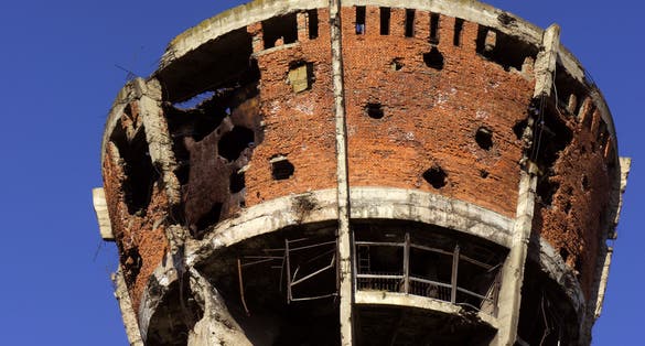 Photo of Vukovar water tower damaged in war, Croatia.