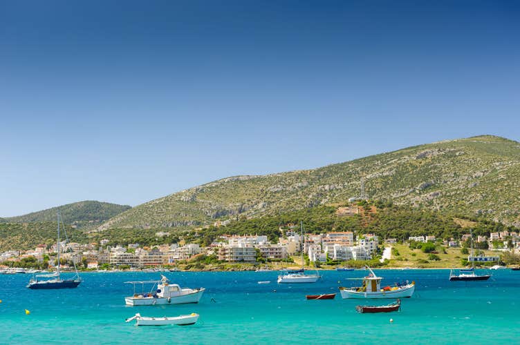 Porto Rafti(Limenas Markopoulou), Athens suburban harbor view with fisher boats during springtime, Greece