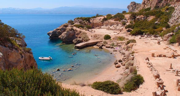 Photo of Heraion in Perachora with small beach, Loutraki, Greece.