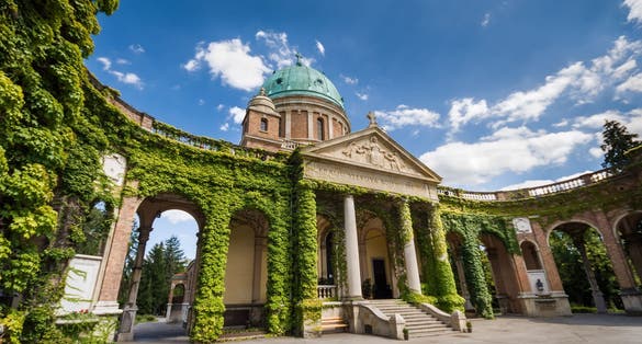 Photo of entrance to Mirogoj cemetery with Church of King Christ in Zagreb, Croatia.