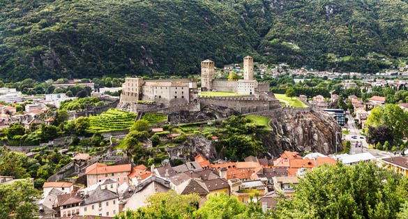 photo of aerial view of ancient Castles of Bellinzona in Ticino, Switzerland.