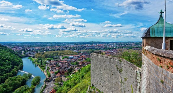 Aerial view on the old city and tower of the citadel in Besancon in Bourgogne Franche Comte region in France.