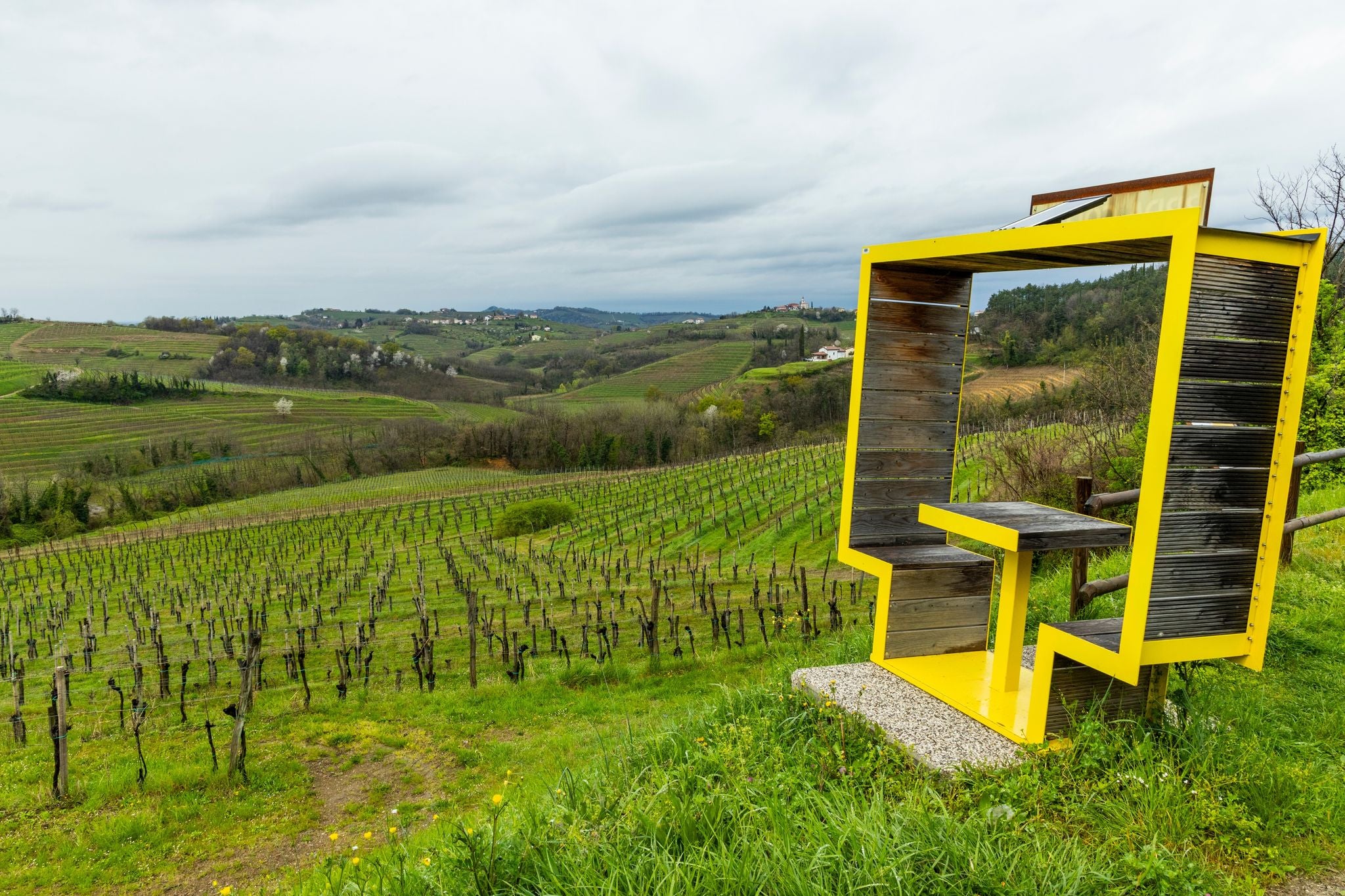 Panoramic view of the Collio hills, Cormons, between Gorizia and Nova Gorica. European Capital of Culture 2025. Typical local products vineyards and wines. Spot for picnic on top the hill.