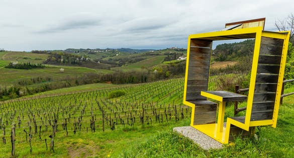 Panoramic view of the Collio hills, Cormons, between Gorizia and Nova Gorica. European Capital of Culture 2025. Typical local products vineyards and wines. Spot for picnic on top the hill.