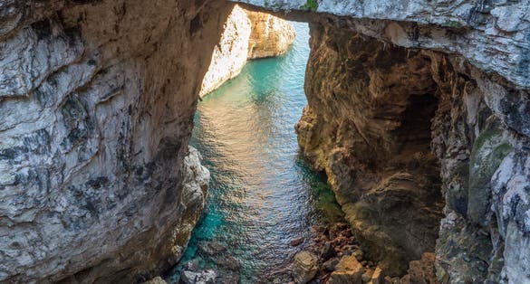 The little port city on the sea, province of Latina, with 'Montagna Spaccata' broken mountain and 'Grotta del Turco' cave.
