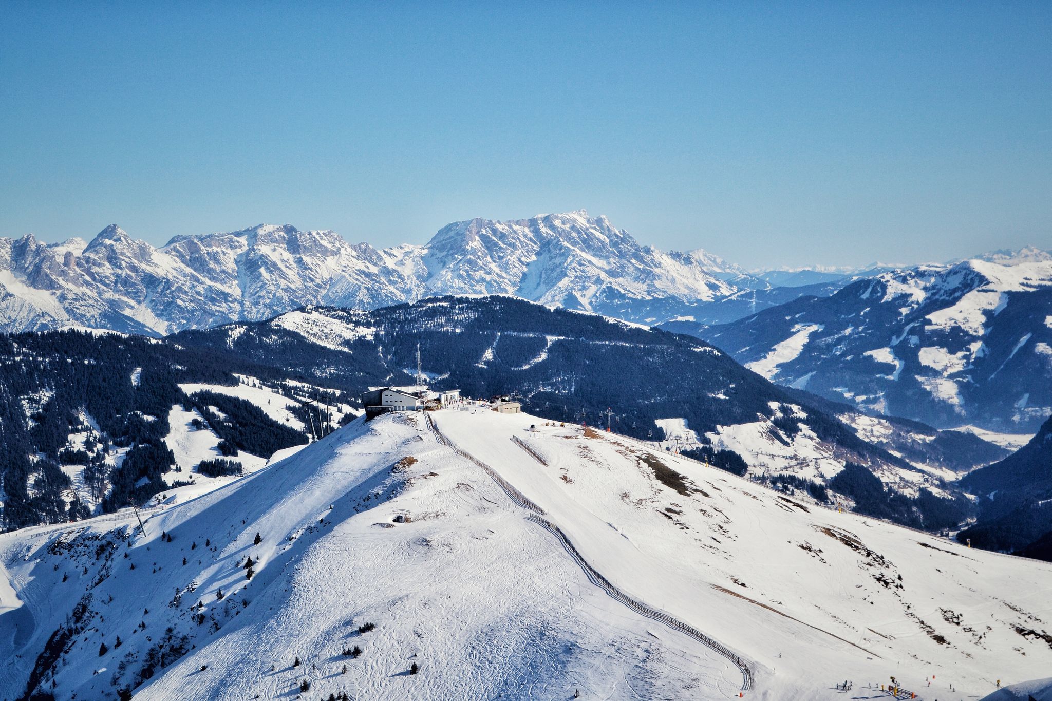 Photo of aerial view over Saalbach village in summer, Austria.